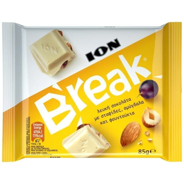 ION Break Σοκολάτα με Ολόκληρα Αμύγδαλα και Σταφίδες 85gr